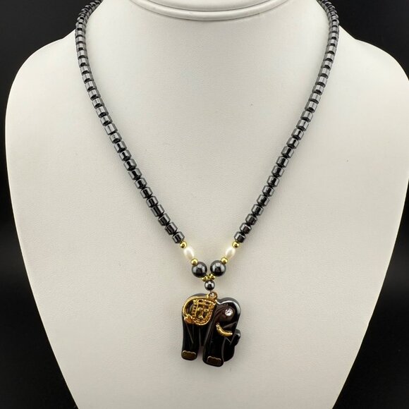 Black Hematite Beaded Elephant Necklace With Gold Tone Accents & Pearl Detailing - Picture 1 of 6